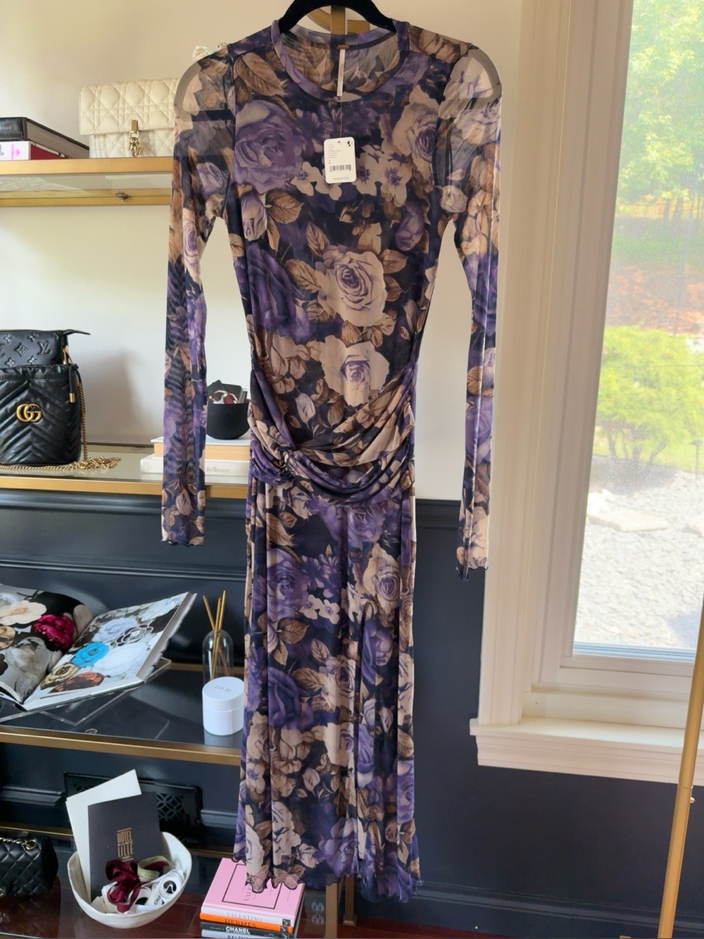 Free People Floral Mesh Maxi Dress S NWT $168 Purple Ruched
